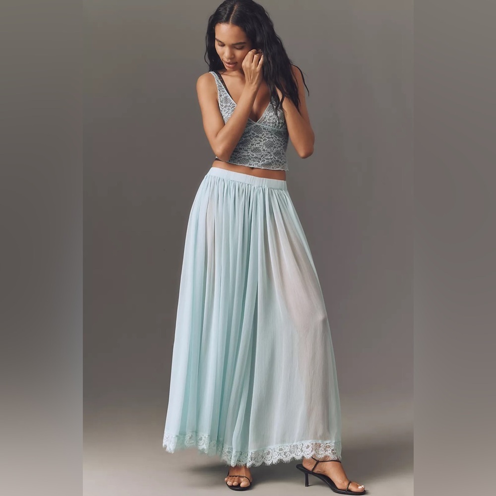 NWT! Anthropologie Blue Sheer Maxi Skirt Floral Lace Pull-on High Rise 🍐 - Picture 2 of 6